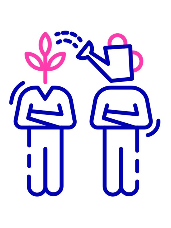 stylized person with watering can as head waters the plant head of another person